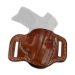 Brown Leather OWB Holster With Pancake Design side view showing close riding pancake profile and open top design