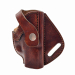 Brown Leather OWB Holster With Snap Strap – front angle view – molded leather holster with retention strap and belt slot