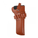 Brown leather revolver holster front view with snap strap and cartridge loops