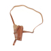 Brown leather shoulder holster laid flat showing full strap and harness layout