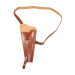 Brown leather shoulder holster laid flat showing full vertical holster body with attached shoulder strap