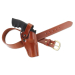 Brown leather strongside belt holster displayed with leather belt and retention strap