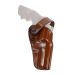Brown leather strongside crossdraw belt holster with retention strap and full coverage design