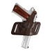 Brown Leather Thumb Break OWB Holster front angle view showing twin belt slots