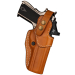 Brown Leather OWB Hunting Holster With Optic Cut front view showing molded leather body and thumb break retention strap.