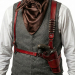 Brown leather double shoulder holster rig worn with single action revolver and matching belt front view