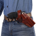 Burgundy leather strongside belt holster worn on waist showing secure open carry position