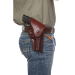 Burgundy leather OWB hip holster worn on belt for strong-side carry