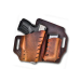 Distressed leather OWB holster with mag pouch front view showing forward cant profile