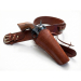 Brown leather fast draw western holster belt with open-top holster and bullet loops shown at an angle