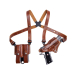 Classic leather shoulder holster system laid flat showing full harness and accessory layout