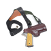 Leather Shoulder Holster Express multicolor leather shoulder rig with black center piece and dark brown holster body