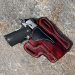 Mahogany leather OWB full-size holster handcrafted from vegetable tanned cowhide with reinforced stitching
