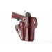 Leather concealed carry pancake holster in brown hand molded leather with outside the waistband design, reinforced opening, and forward cant, shown holding a semi automatic pistol.