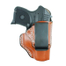 Tan leather IWB holster with reinforced top and steel belt clip front view