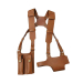 Tan leather shoulder harness holster with vertical pouch displayed on mannequin front view
