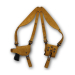 Tan suede horizontal shoulder holster with bullet carrier and adjustable suede harness displayed flat
