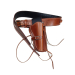 Brown leather revolver holster belt set shown from front angle with retention strap