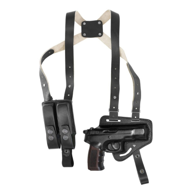 Black Leather Horizontal Shoulder Holster With Double Mag Pouch – full view – adjustable shoulder rig with thumb break holster and dual magazine pouch
