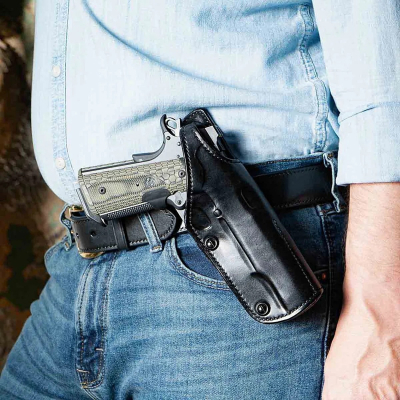 Black Leather Strongside Crossdraw Belt Holster With Thumb Break