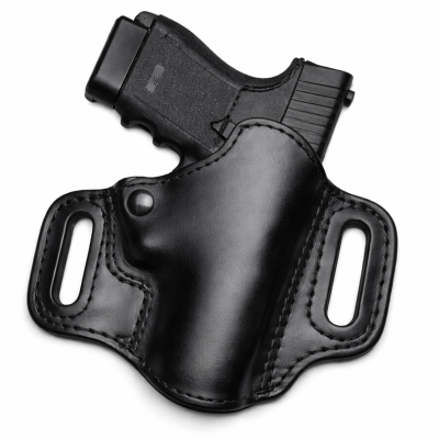 Black Leather High Ride OWB Holster front view showing dual belt slots and reinforced stitching detail