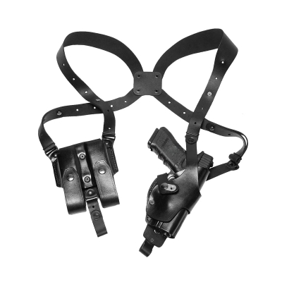 Black Leather Vertical Roto Shoulder Holster – Double Mag Pouch (Steel Thumb Break)