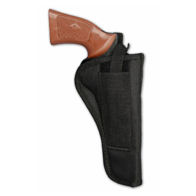 Black nylon revolver belt holster front view with long barrel profile and retention strap