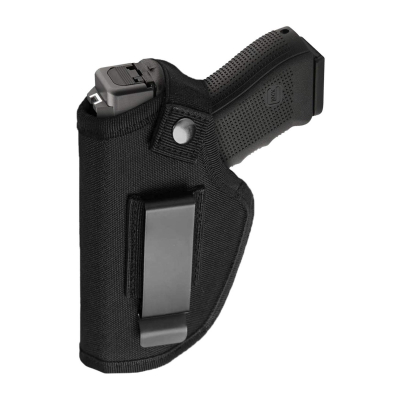 Black Nylon Universal IWB OWB Holster front view with metal belt clip and retention strap