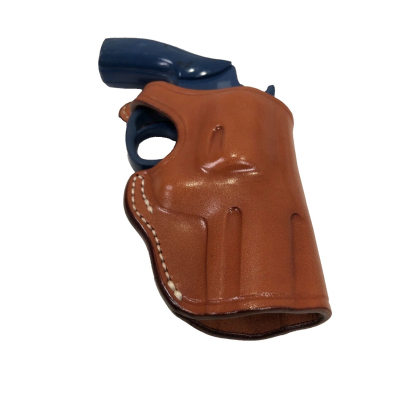 Brown leather snub nose revolver belt holster with retention strap molded design