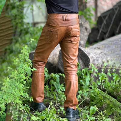 Men’s Brown Distressed Leather Biker Pants