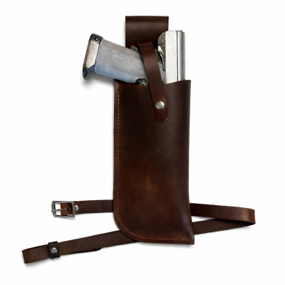 Brown leather drop leg holster front view with adjustable leg strap