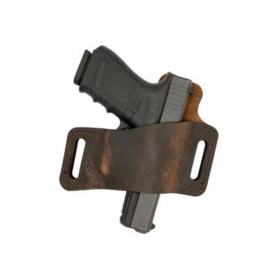 Distressed Brown Leather OWB Holster With Protective Backing – front view showing wide leather panel and belt slots