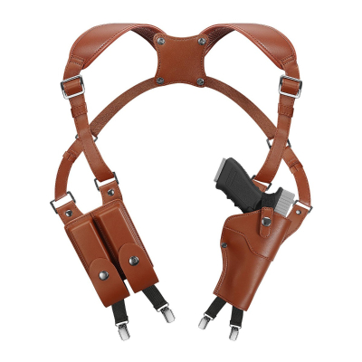 Chestnut brown vertical shoulder holster showing adjustable harness, vertical pistol holster, and double magazine pouch