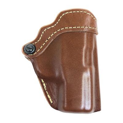 Brown Leather IWB Holster With Mag Pouch front view showing molded leather holster and integrated magazine pouch