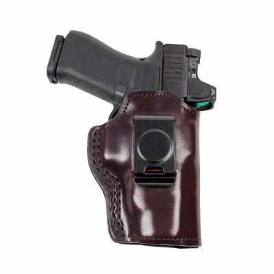Cuban Brown Leather IWB Holster With Spring Clip front view showing molded leather body and neutral ride