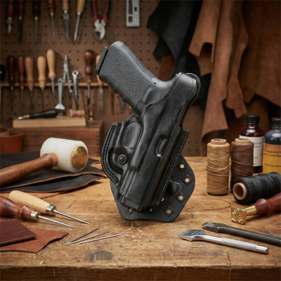 Black Flat-Side Leather Paddle Holster with Thumb Break