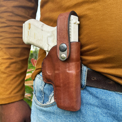 Slim OWB Belt Leather Holster with Security Strap