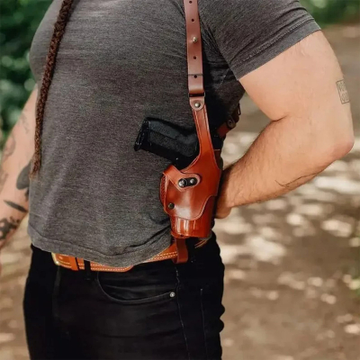 Brown Leather Vertical Roto Shoulder Holster with Steel Thumb Break
