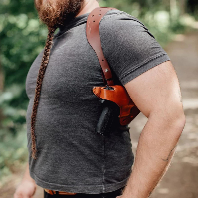 Brown Leather Horizontal Shoulder Holster with Steel Thumb Break