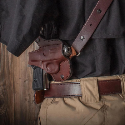 Brown Leather Horizontal Shoulder Holster – Thumb Break, Custom-Molded