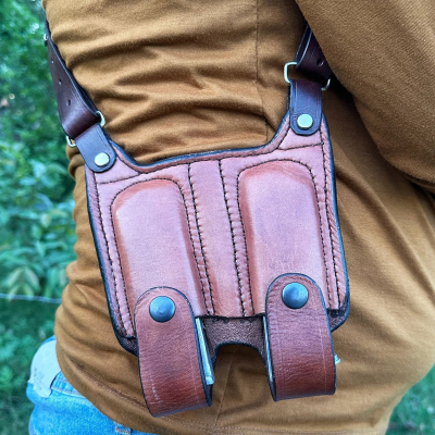 Brown Leather Vertical Shoulder Holster – Double Mag Pouch, Thumb-Break