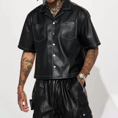 Men’s Black Faux Leather Pocket Shirt