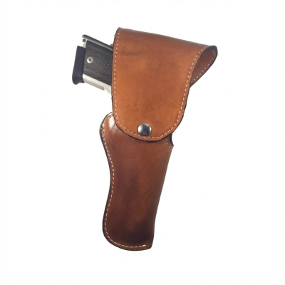 Military duty leather holster with protective flap showing front OWB carry configuration