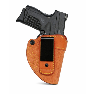 Natural Leather Tuckable IWB Holster With Forward Cant – clip side view showing reverse J steel clip, rough side out leather, and retention screw