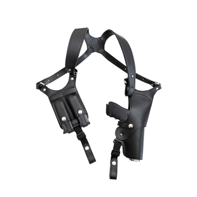 Black Leather Vertical Shoulder Holster – Double Mag Pouch
