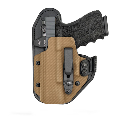Appendix strong-side optic-ready hybrid IWB holster with tan leather backer showing front view and belt clip