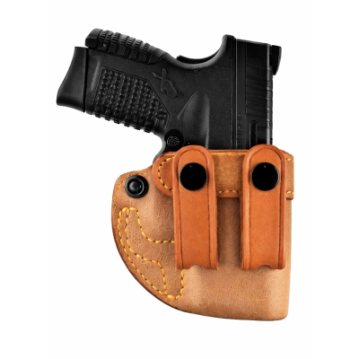 Tan Leather IWB Holster With Dual Snap Straps front view showing molded fit and dual snap belt straps