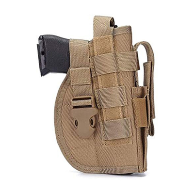 Tan Nylon MOLLE Hunting Holster front view with right hand draw profile and side accessory pouch