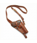 Brown leather 1911 tanker shoulder holster with adjustable chest strap, shown on a white background.