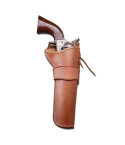 Brown leather Western belt holster with open-top design, shown holding a single-action revolver against a white background.